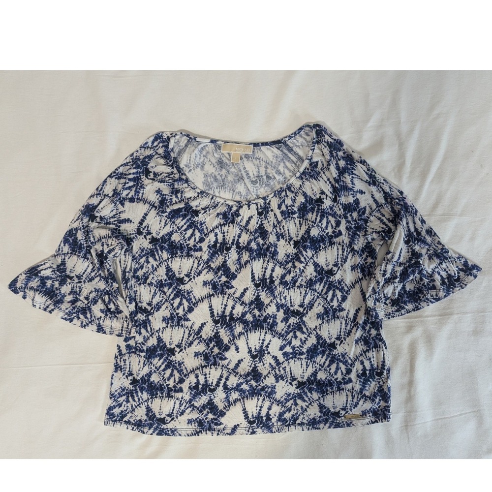 MICHAEL Michael Kors Blue White Tie Dye Bell Sleeve Top Blouse Size Large